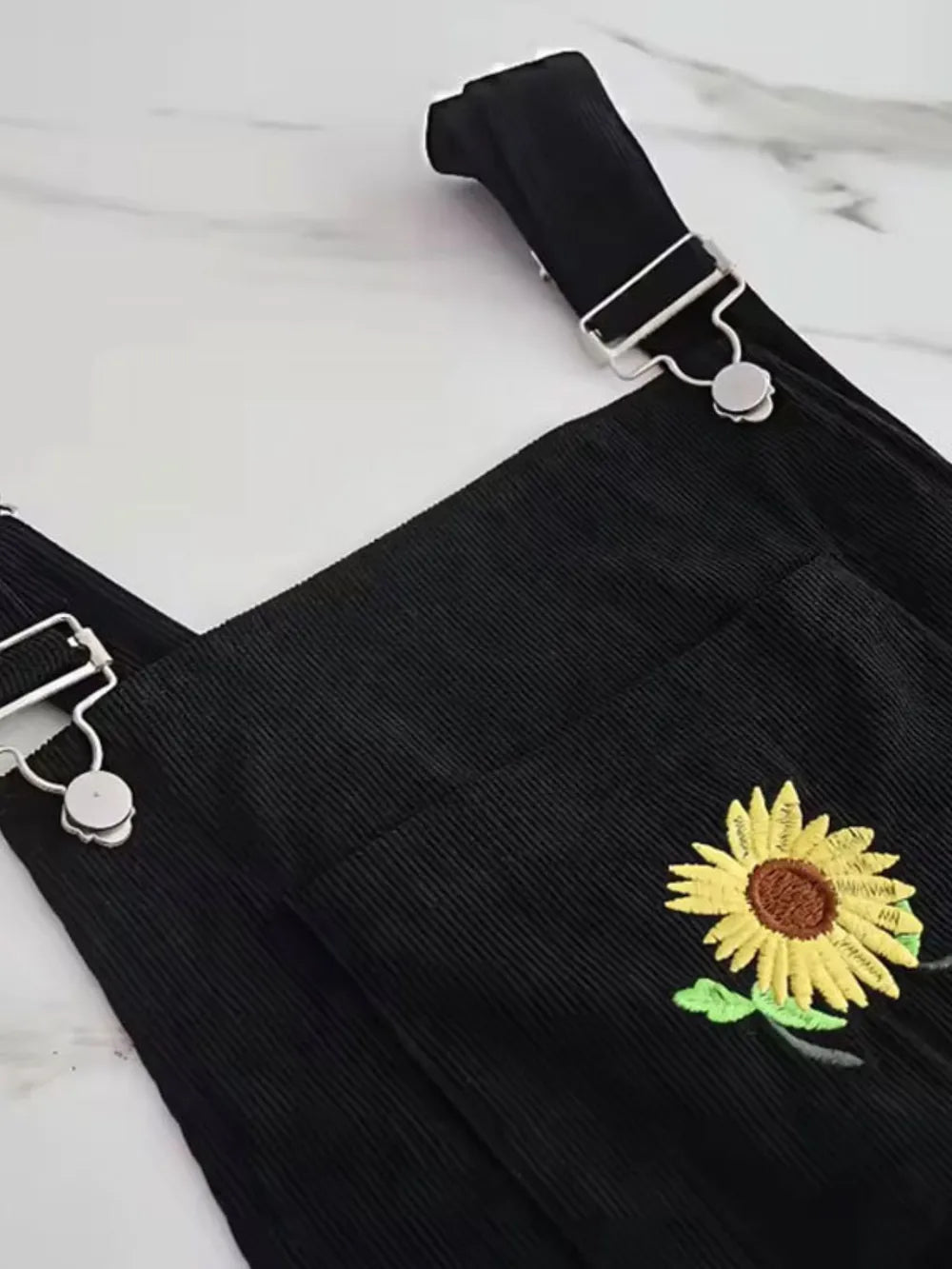 Embroidered Sunflower Wide Strap Overalls