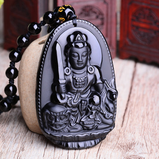 Black Obsidian Six Stars Lucky Amulet Pendant Necklace
