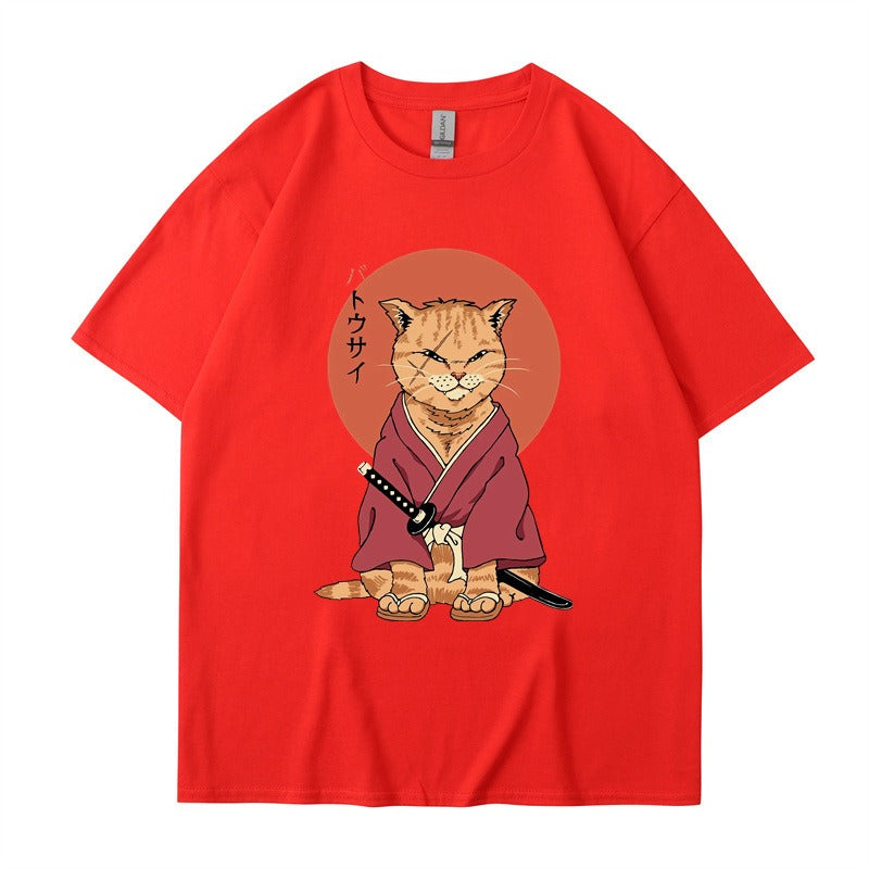 Cute Ninja Cat Print T-Shirt for Men and Women, Cool Summer Short Sleeved Round Neck T-Shirt