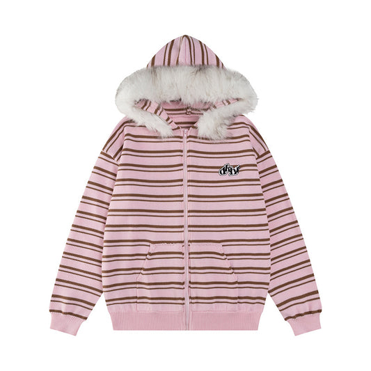 Fleece Stripe Color-Blocked Hooded Women Loose Casual Open Front Cardigan Coat