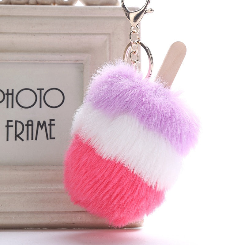 Fluffy Faux Fur PomPom Ice Cream Keychain