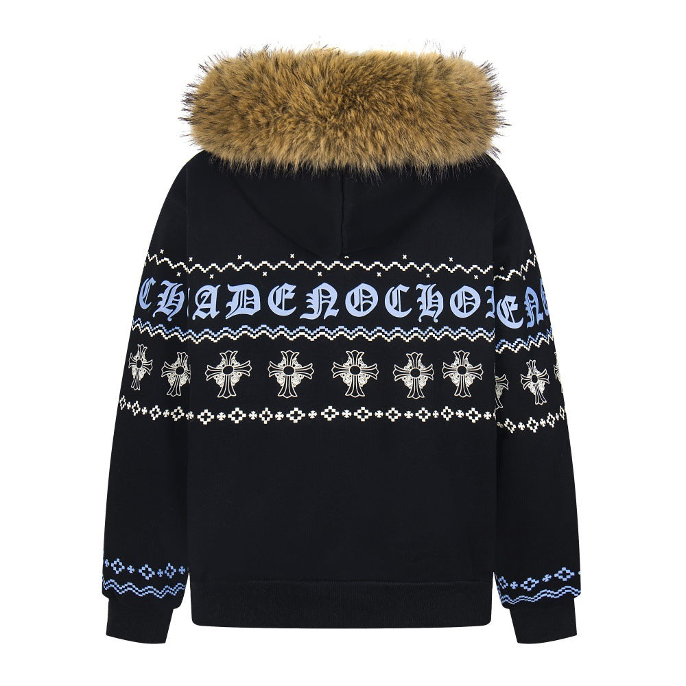 Sanskrit Cross Print Fur Collar Hooded Jacket with Fleece