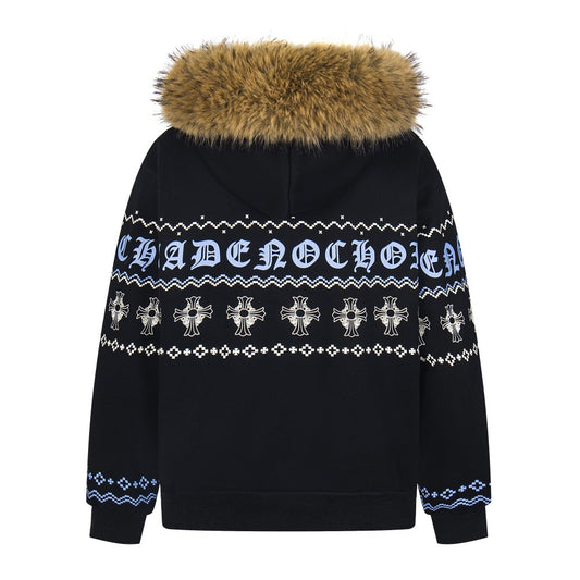 Sanskrit Cross Print Fur Collar Hooded Jacket with Fleece