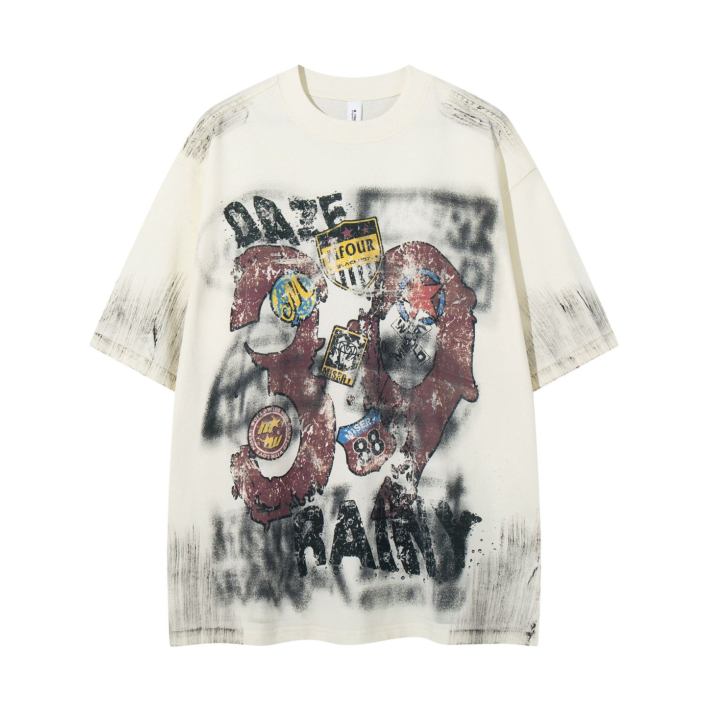 Harajuku Graffiti Badge Vintage Short Sleeve Tee — Fragmented Flowers Cotton Loose Fit