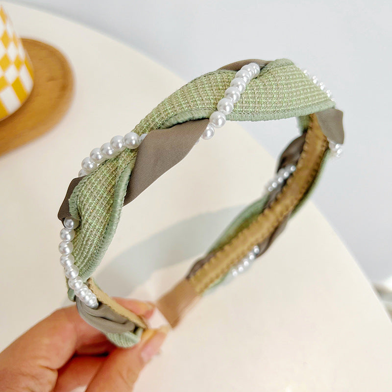 Senior Knitting Cross Twist Pearl High Skull Top Headband