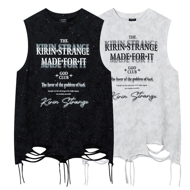 Streetwear Star-Printed Hem Distressed Sleeveless T-Shirt