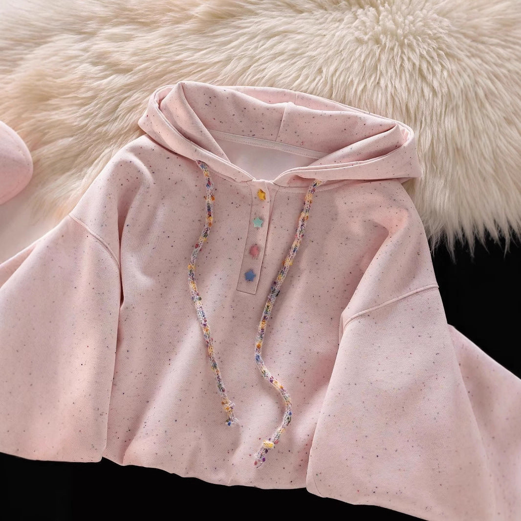 Cute Pink Polka Dot Hoodie Sweatshirt Women's Loose Top Outerwear