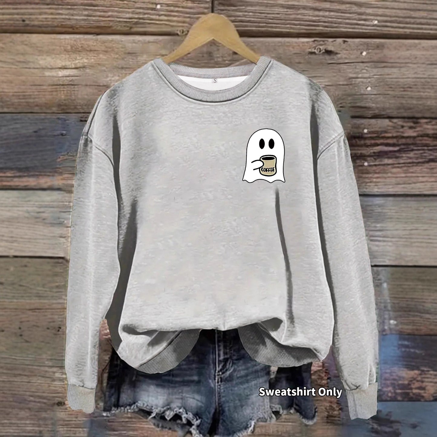 Casual Round Neck Long Sleeve Sweatshirt with Ghost Print