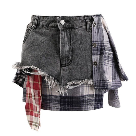 Harajuku Style Irregular Plaid Denim Skirt for Women