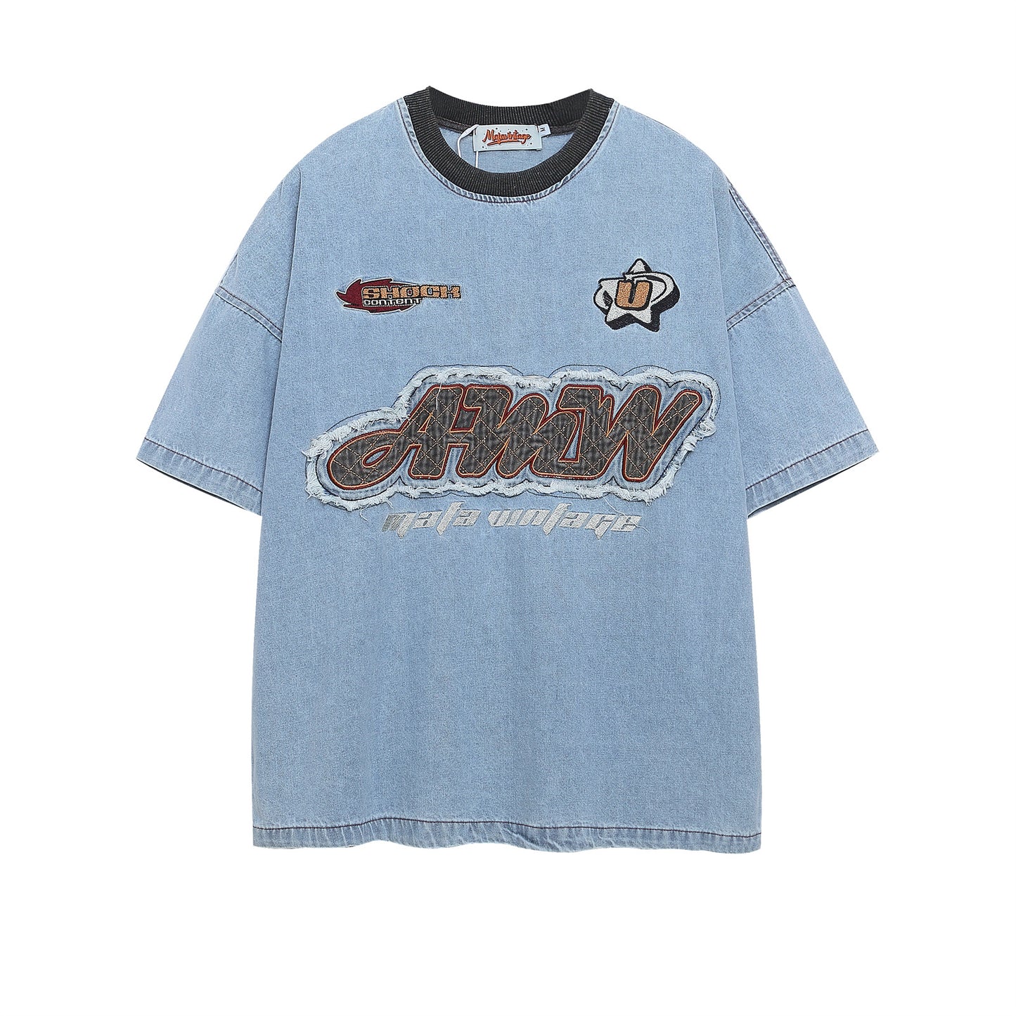 Washed Color Block Letter Patch Embroidery Denim T-Shirt