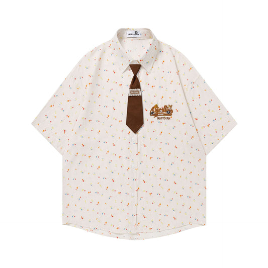 Embroidered Contrasting Tie Short-Sleeved Top — Harajuku Style Loose Fit