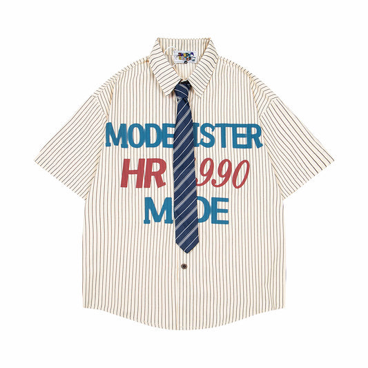 Harajuku Retro Letter Print Stripe Collar Shirt