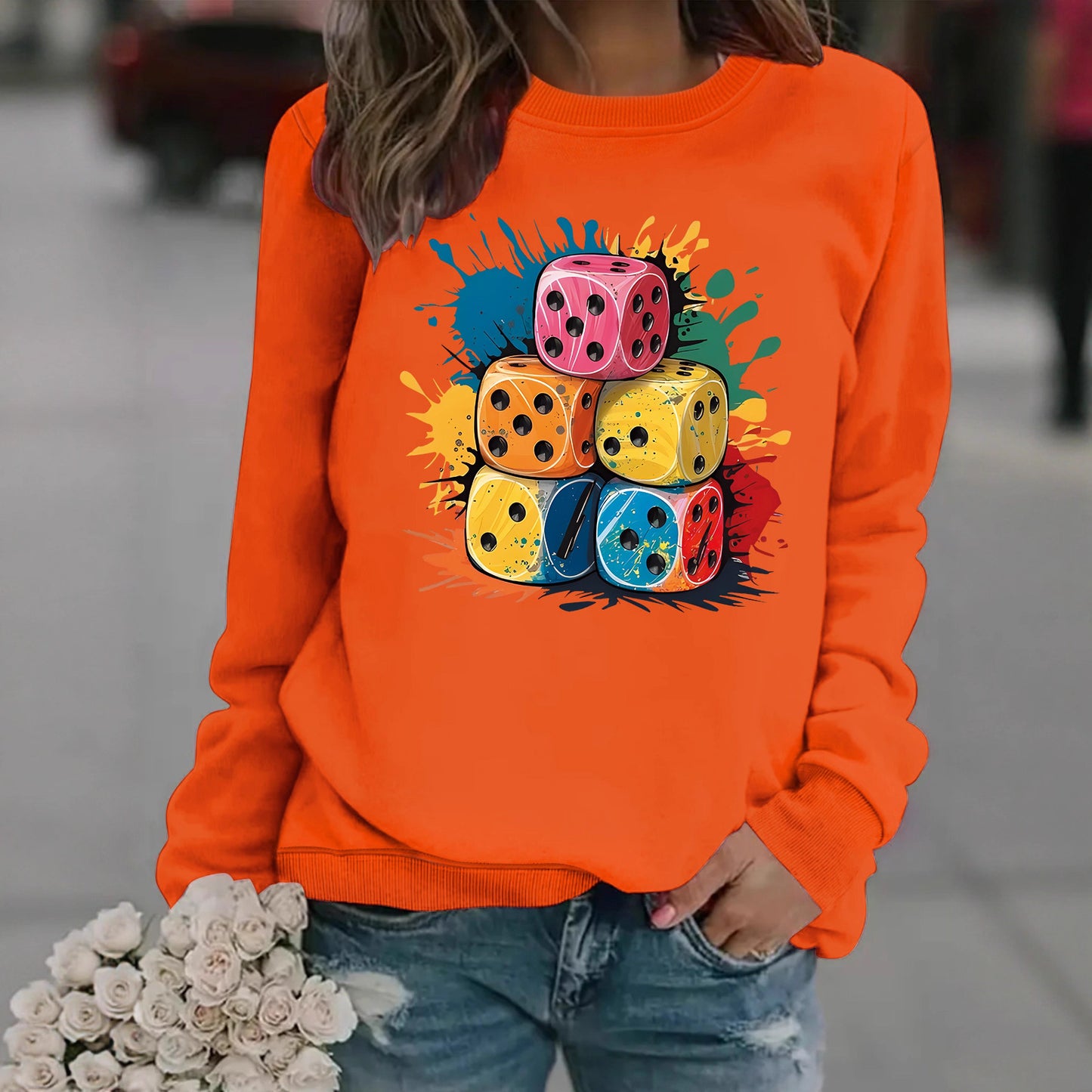 Splash Pattern Printed Stacking Block Hoodie with Round Neck