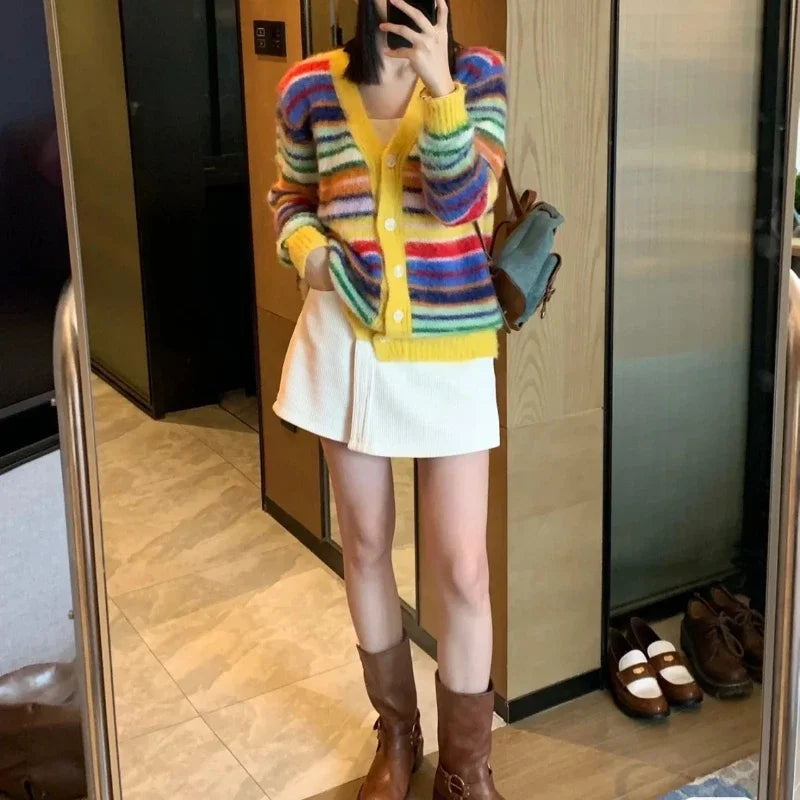 Rainbow Mohair Striped V-Neck Cardigan for Women
