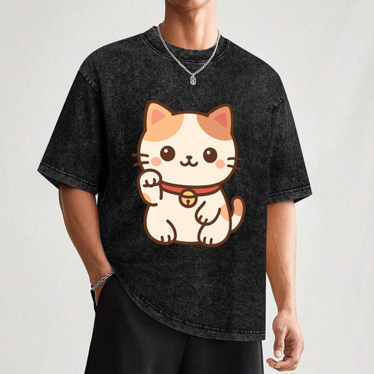 Kawaii Japanese Cat Vintage Wash Off Shoulder T-Shirt