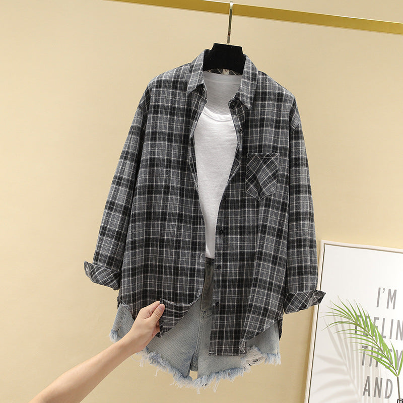 Cotton Plaid Shirt for Women - Loose Long Sleeve