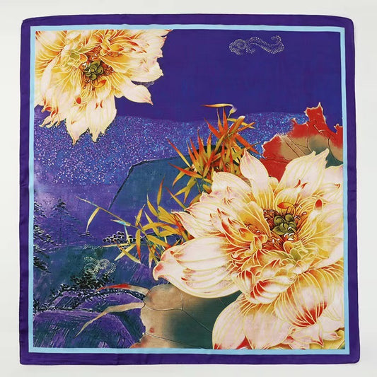 Elegant Silk Lotus Square Scarf - Harajuku Style Headwear