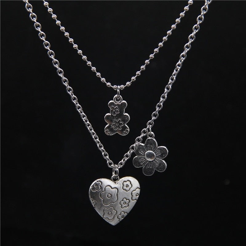 Punk Rock Flower Bear Heart Pendant Necklace for Women