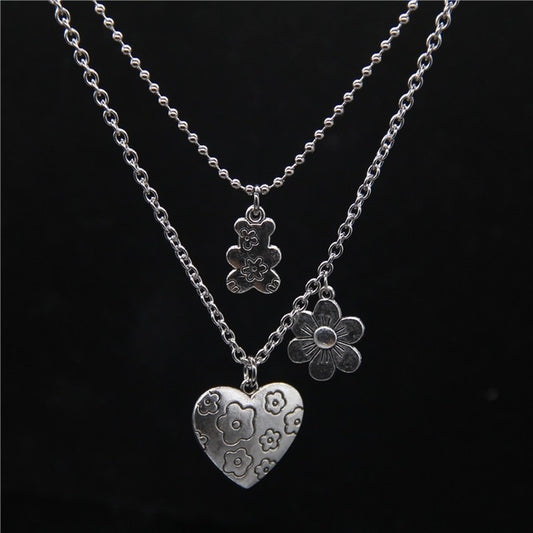 Punk Rock Flower Bear Heart Pendant Necklace for Women