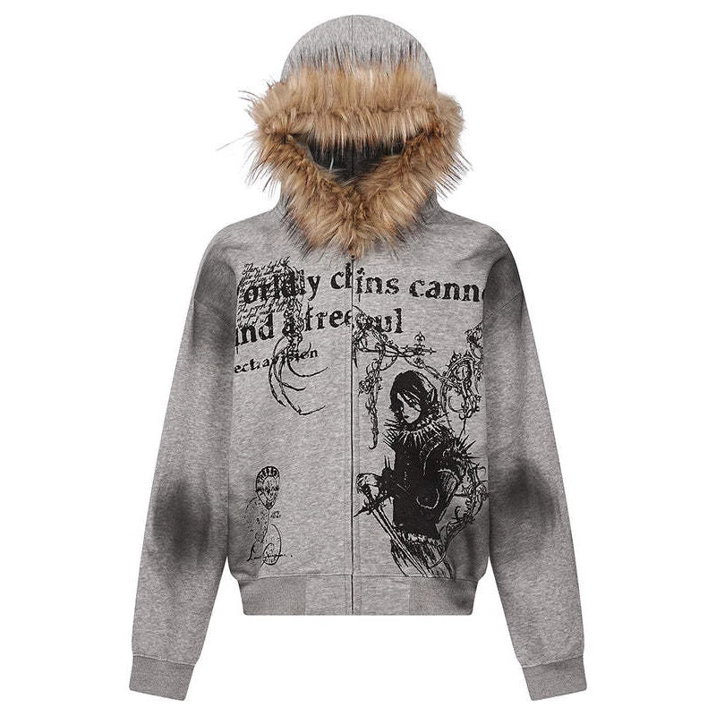 Printed Fur Collar Hoodie Top Dark Jacket