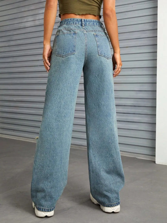 Distressed Wide Leg Jeans with Pockets - Harajuku Style