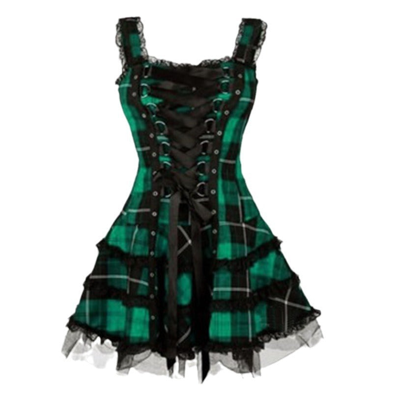 Printed Midi Skirt Dress with Lace Suspender and High Waist