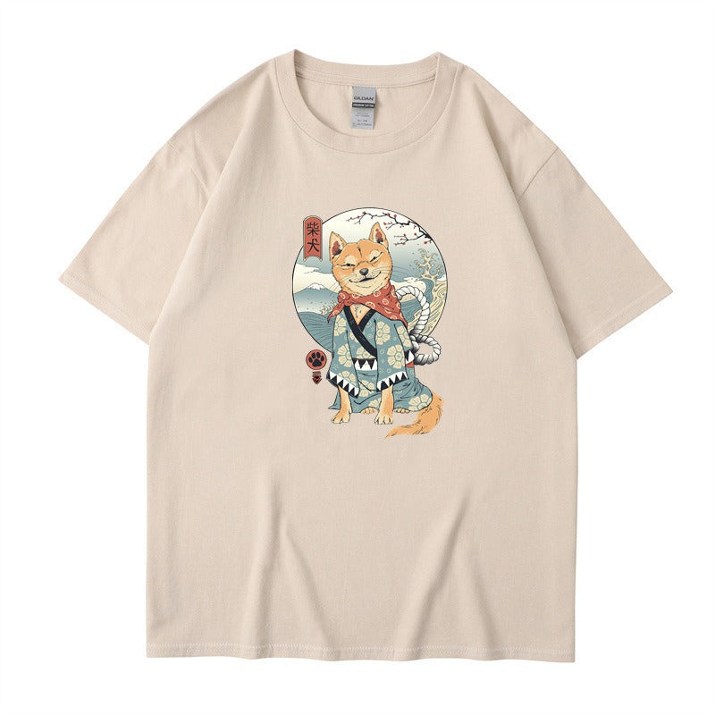 Chai Gou Ukiyo-e Style Shibu Inu Round Neck Short Sleeved Casual Top for Men