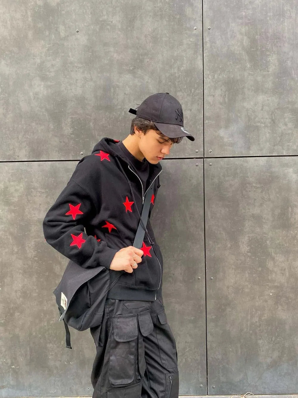 Men's Contrast Star Hooded Zip Up Hoodie - Harajuku Style
