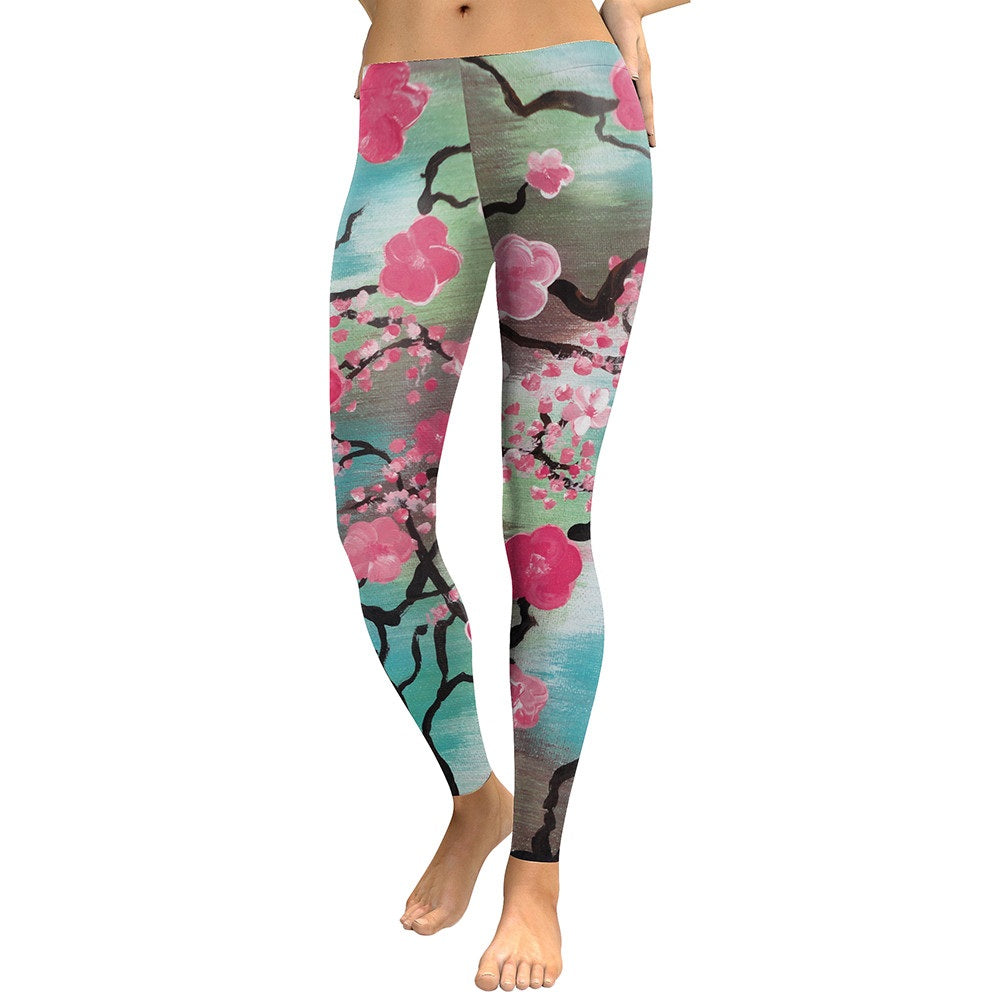 Leggings Women Pink Plum Blossom Digital Print Fitness Elastic Workout Pants Legging