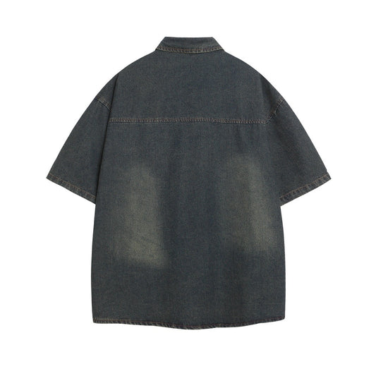 Punk Vintage Washed Denim Shirt with Color Block Plaid Collar