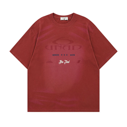 Water Washed Faded Spray Color Letter Cotton T-Shirt