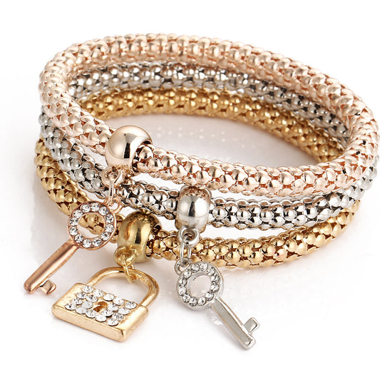 Harajuku Style Alloy Crystal Diamond Inlaid Key Lock Bracelet