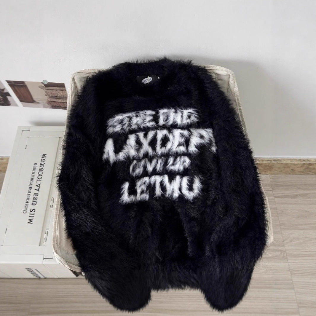 Loose Letter Imitation Mink Fur Lazy Style Round Neck Knitted Sweater