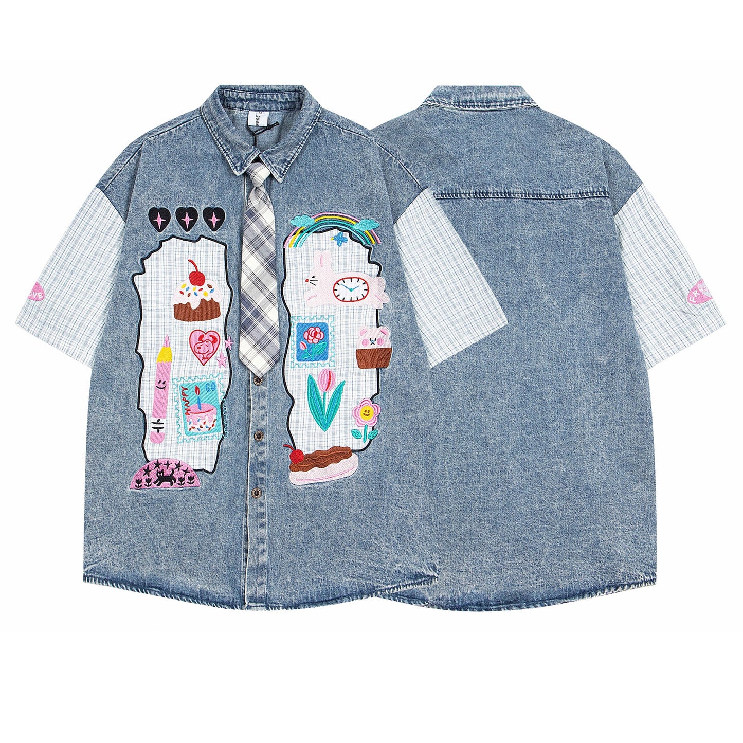 Playful Cartoon Denim Collar Shirt for Men & Women