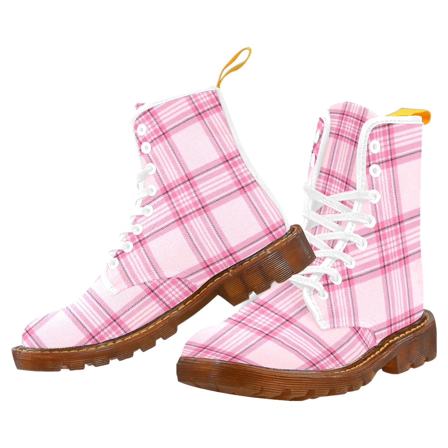 Pink Plaid Women's Lace Up Canvas Boots
