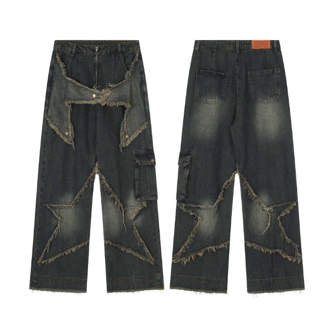Playful Star Embroidery Multi Pocket Jeans for Men