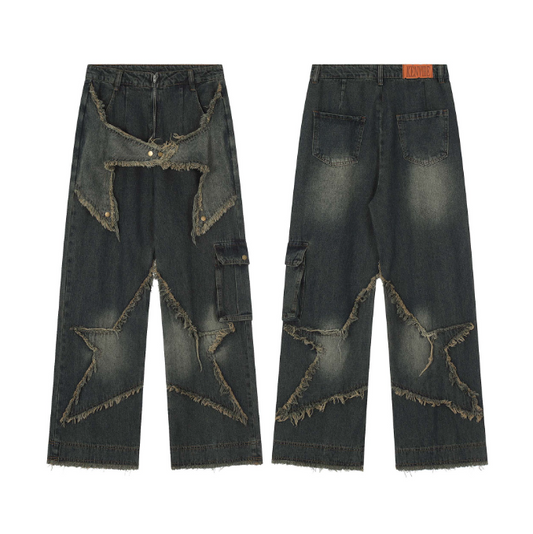 Playful Star Embroidery Multi Pocket Jeans for Men