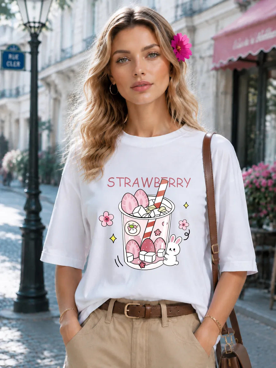 Harajuku Rabbit Pattern Loose Short-Sleeved T-Shirt — Unisex Cotton Print