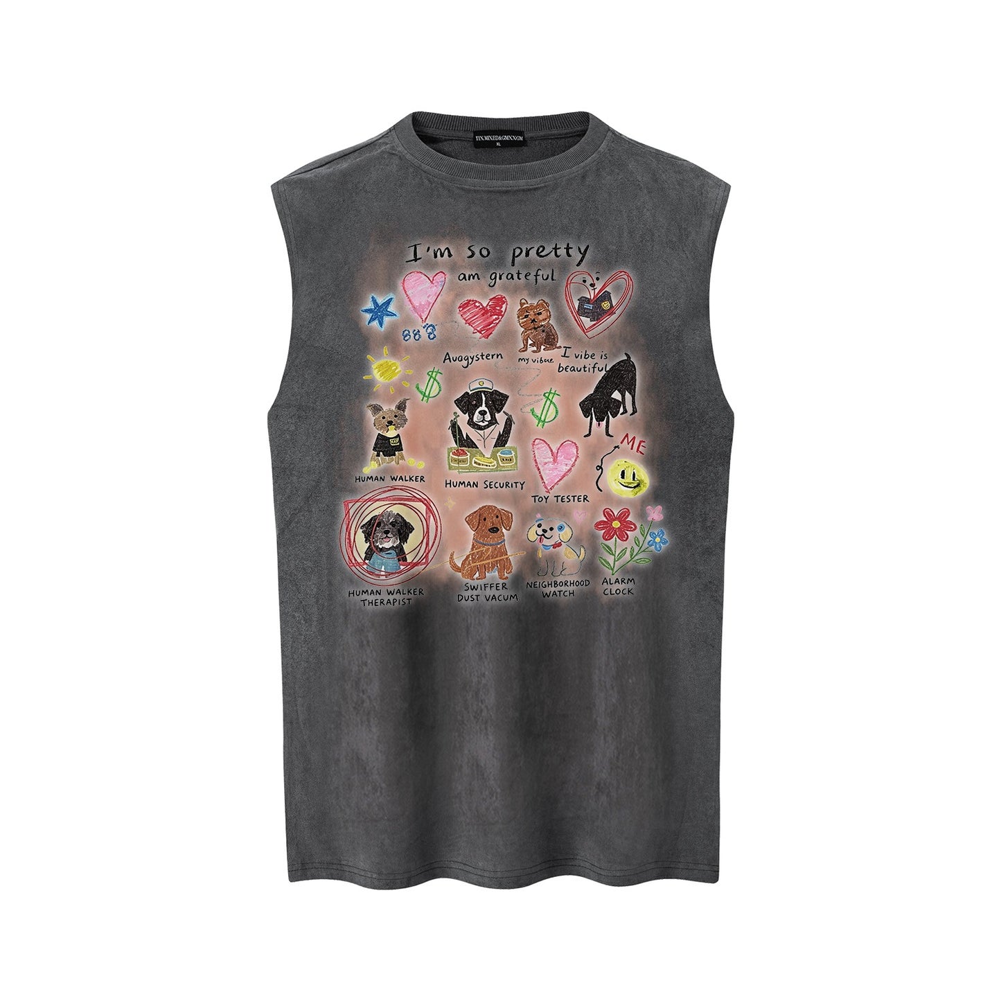 Graffiti Dog Print Vest — Harajuku Style Loose Cotton Blend Vest (Dark Gray, Pink, Apricot, Black)