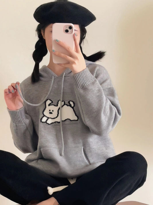 Cute Cartoon Hooded Sweater Knitted Sweater for Spring and Autumn - New Loose Pocket Overlapping Tops Temperament Sweater