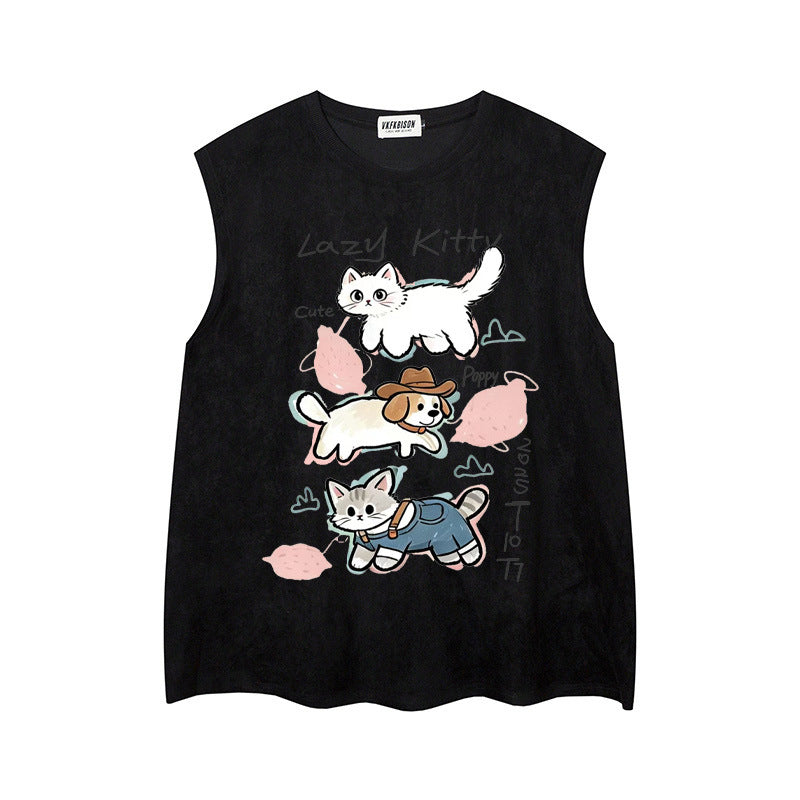 Stacked Cat & Dog Printed Vest — Harajuku Style Retro Deer Skin Velvet Vest