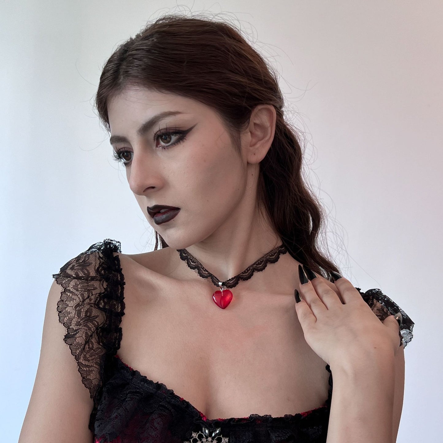 Personalized Black Lace Collarbone Necklace with Red Heart Pendant