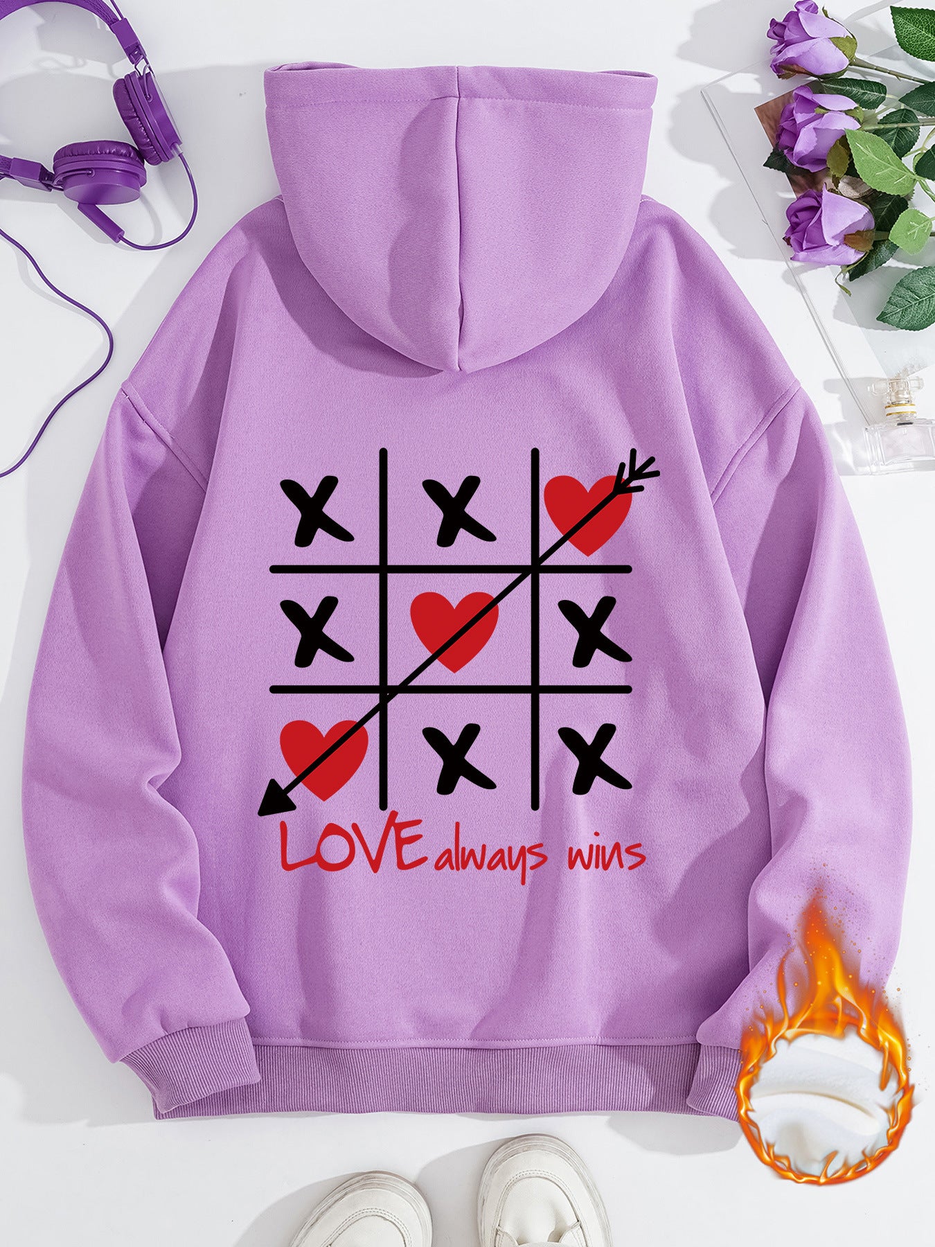 Thick Fleece Hoodie with Love Design