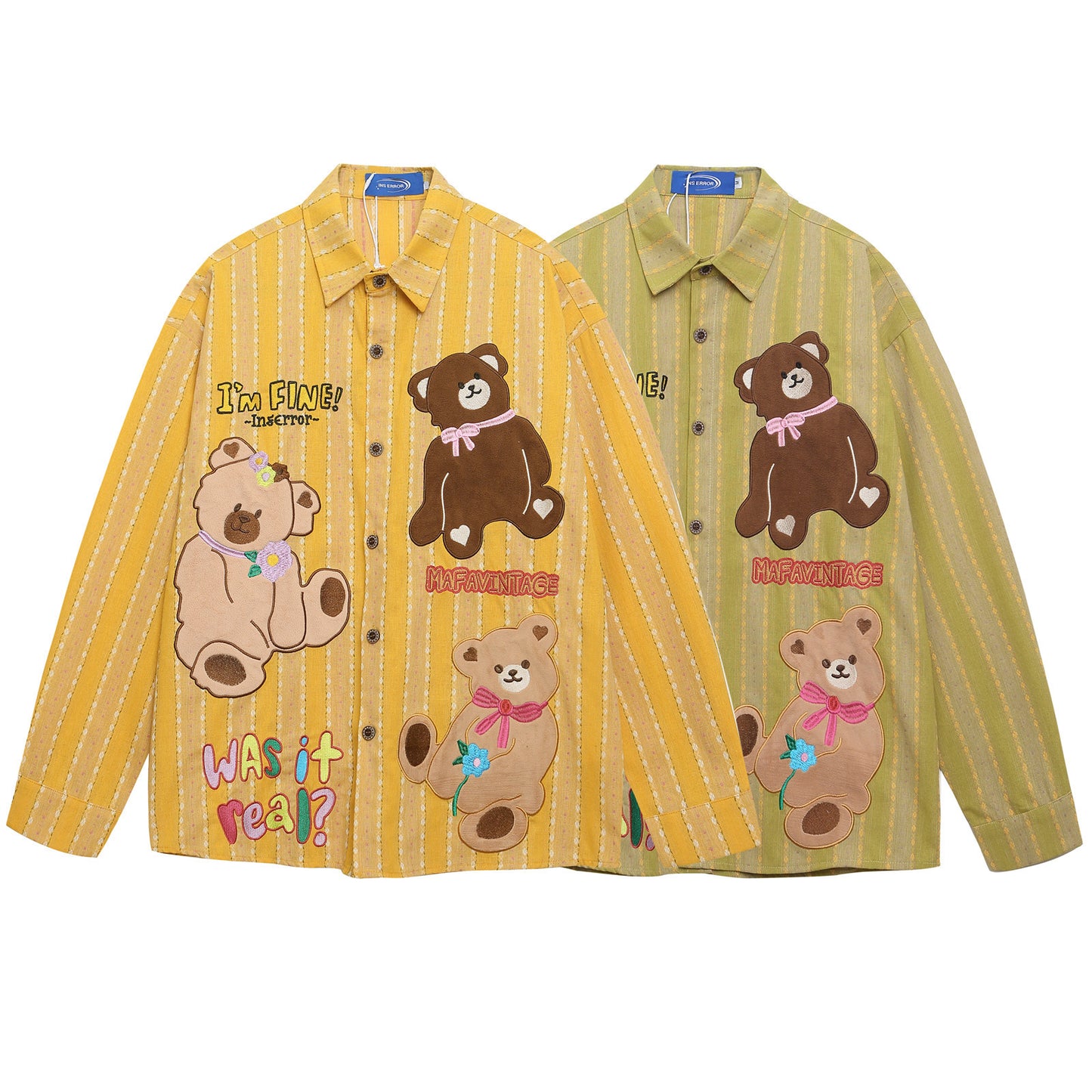 Retro Fun Cute Bear Embroidery Striped Loose Casual Long Sleeve Shirt Top for Men and Women