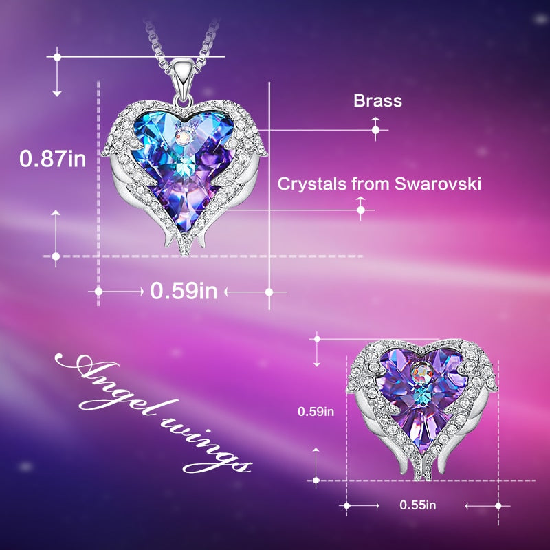 Swarovski Angel Wings Jewelry Set - Purple Blue Heart Pendant