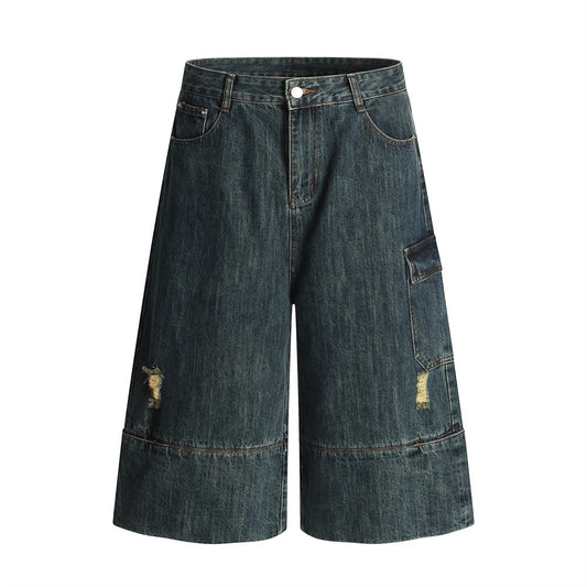 Harajuku Style Washed Distressed Denim 7/8 Pants for Men
