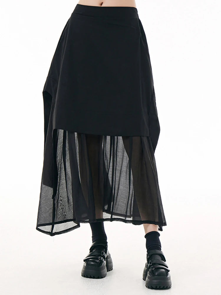 Harajuku Style High Elastic Waist Gray Ribbon Mesh Skirt
