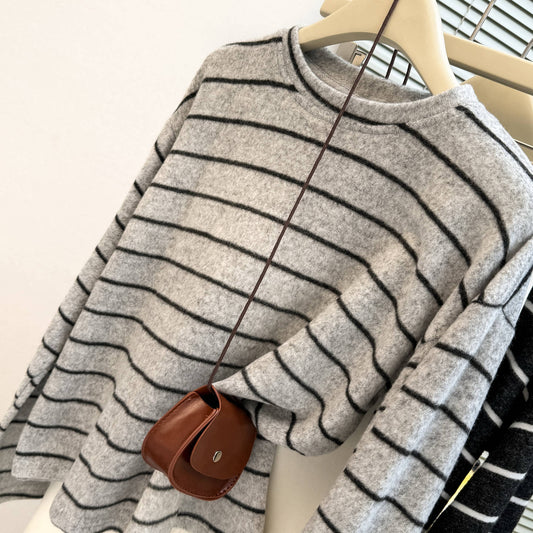 Striped Long Sleeve T-Shirt for Women - Fleece-Lined Casual Loose Fit Top