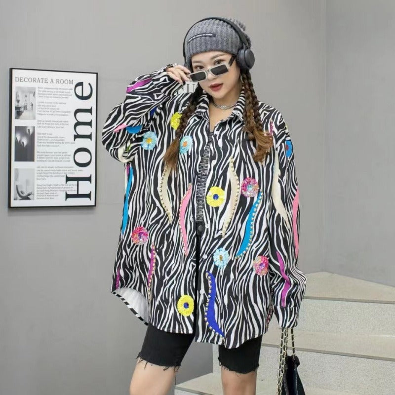 Playful Leopard Print Long-Sleeved Denim Shirt