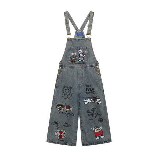 Playful Cartoon Embroidered Denim Overalls for Men